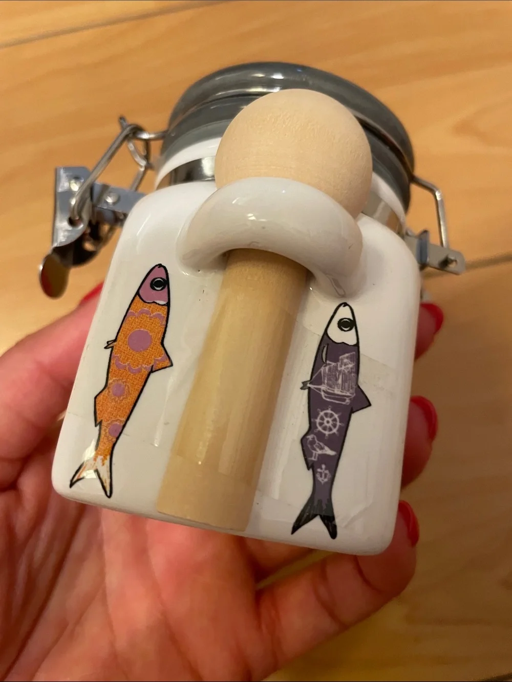 White Ceramic Fish Treat Jar with Colorful Fish Design